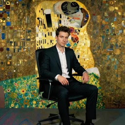 a beautiful man in an office chair in the style of gustav klimt golden light