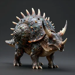 incredibly realistic, too detailed fullbody of futuristic styracosaurus snail with venom quills, octane render, bump mapping, macro image, global illumination, 8 k, bokeh, enki bilal, yuji himukai, jen zee, peter mohrbacher