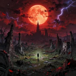 abandoned bloodborne old valley with a person at the centre and a ruined city at the end, trees and stars in the background, falling red petals, epic red - orange moonlight, perfect lightning, wallpaper illustration by niko delort and kentaro miura, 4 k, ultra realistic