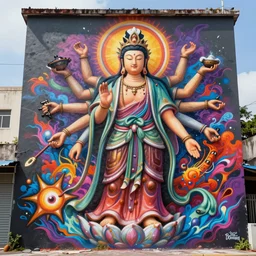 epic graffiti mural of a 1000 armed Quan Yin deity, colorful and dynamic in the style of Hownosm and James Jean, ultimate collab, epic, unreal engine 5, coming to life popping out of the wall 3d,