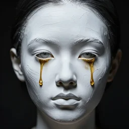 a person looking at camera made of porcellaine, golden tears, moody lighting, dark background, high contrast, white textured paint strokes on the face, thick painterly feel, mid close up
