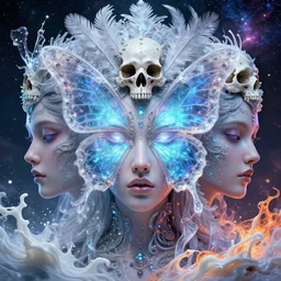 3 d goddess butterfly face portrait, face in the center, bioluminescent, beautiful transculent intricate highly detailed quetzalcoatl skull and feathers. ice, galaxy, plasma, lava, milk, artwork by tooth wu and wlop and beeple and greg rutkowski, 8 k trending on artstation, volumetric lighting