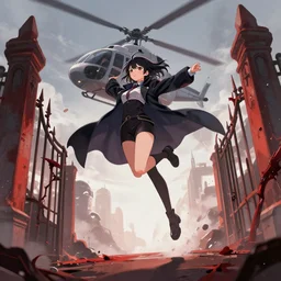 anime girl is jumping out of helicopter with a coat and entering the gate of hell, pixiv digital art