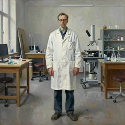 a contemporary painting of a scientist in a white coat stands in a large studio by neo rauch