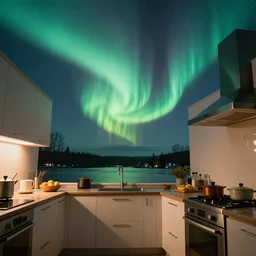 aurora borealis in a kitchen during the middle of the day, 4K photo