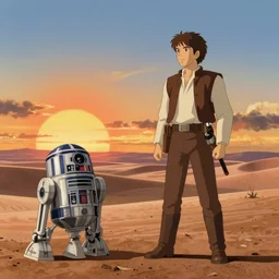 beautiful wide shot tatooine landscape obi wan kenobi Luke skywalker droids binary sunset in Star Wars a new hope 1977 by studio ghibli, Miyazaki, animation, highly detailed, 70mm