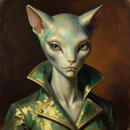 detailed portrait in femininity, alien, feline, realistic face sculpted features, clear eyes, statuesque model, opalescent skin, structure jacket with high collar, warm glow, bathed in light, chiaroscuro, shimmering highlights, angular impressionism, radiant, deep rich tones, burnt umber and emerald color palette, vintage illustration