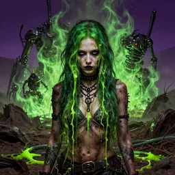 highly detailed portrait of an moody wasteland punk long dripping green poison hair tribal lady, stray neon green sludge hoses by atey ghailan, james gilleard, by joe fenton, by greg rutkowski, by greg tocchini, by kaethe butcher, 4 k resolution, gradient purple, brown black and white color scheme!!! ( ( green flaming robotic sewer background ) )