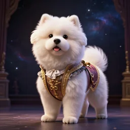 fluffy dog, full body, alexander hamilton style, wearing a beautiful costume on stage, a dark nebula background, concept art, highly detailed, digital art, trending on art station, mark brooks, 3 - d 4 k
