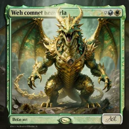 a giant monster epic royal stone basilisk, gold green creature, magic : the gathering