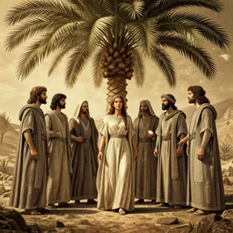 old testament Court of Deborah under palm tree, cinematic, establishing shot, extremely high detail, shining, photo realistic, cinematic lighting, intricate line drawings, 8k resolution