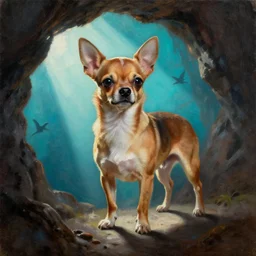 muscular chihuahua dog  with backlight , sun rays , big shadows, small bird sihouettes  in cyan background , very textured detailed  oil painting by rembrandt , hard backlight , in dark cave