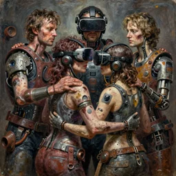 junky men hugs junky women, cybertronic gadgets and vr helmet, durty colours, rotten textures, rusty shapes, hard surface, biotechnology, dariusz zawadzki, tim hildebrandt, wayne barlow, bruce pennington, larry elmore, oil on canvas, luminosity, deep depth field, masterpiece, cinematic composition, hyper - detailed, hd, hdr