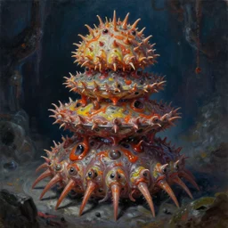 oil painting nightmare macerated epic tiered panulirus ornatus that is a hadron collider, cinematic, fine art, by jack gaughan, shigeru komatsuzaki