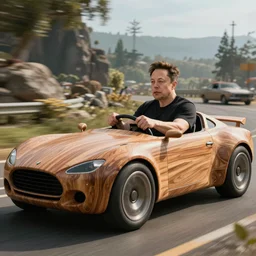 Elon Musk is drinving a wooden car, 4k, Unreal 5, Octane render, Hyperrealistic, Exquisite detail