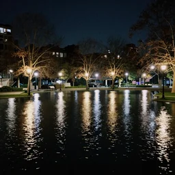 night park drowned in water with lots of lights at night, trending on artstation