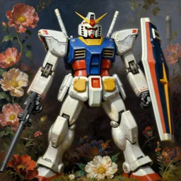 a baroque neoclassicist renaissance closeup of mecha gundam broken in a field of huge blooming flowers. highly detailed fantasy science fic tion painting by moebius, norman rockwell, frank frazetta, and syd mead. rich colors, high contrast. artstation