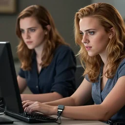 a girl who is a mix of emma watson and scarlett johansson and nathalie portman, using a device to connect herself to a computer through an usb cable and a port in her arm, cables, it, very detailled, by david rutkowski