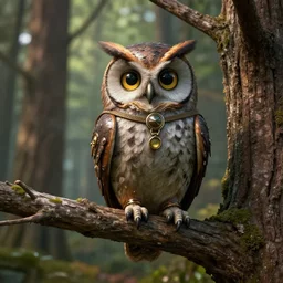 steampunk owl sitting on the branch of a tree in a forest, 3d render, Unreal Engine, octane render, ray tracing, Unity, highly detailed, high quality, HD, 4k, 8k, realistic, sharp, trending
