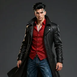 An epic fantasy comic book style portrait painting of a young man with black undercut haircut, wearing black overcoat, red clothes,  blue jeans.  Unreal 5, DAZ, hyperrealistic, octane render, cosplay, RPG portrait, dynamic lighting