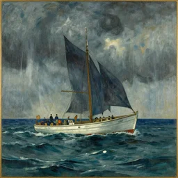 a boat lost in storm on the sea, by leonid afremov and tony sandoval and alphonse mucha.