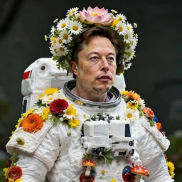 elon musk, in astronaut suit, draped in flowers and mushroom, headdress with daisies and lotus, hyper detailed, ultra sharp, 8 k
