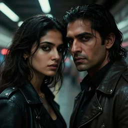 film still of closeup beautiful model indian couple in blade runner 2 0 4 9, train station, cinematic, moody, gritty neon noir by emmanuel lubezki