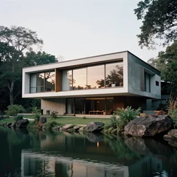 a beautiful contemporary masterpiece modern brutal house with large windows, on a lake, surrounded by trees and rocks, in central india, by alex webb, by gregory crewdson, featured on architecture daily, shot on large format film, cinematic composition, beautiful lighting, no frames
