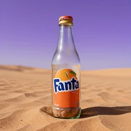 sinbad stuck in a fanta bottle abandoned in desert with purple sky