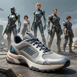 futuristic sneakers by boris vallejo, scott roberston, neville page, aaron horkey, wayne barlowe, craig mullins, roberto ferri, hajime sorayama, fantasy art, ultra realistic, cinematic, wide angle, highly detailed