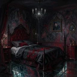 a beautiful detailed painting of vampirish dark gothic bedroom with dark red accents by noah bradley john willian waterhouse, thomas kinkade, glass on floor, nightsky, archdaily, wallpaper, highly detailed, trending on artstation.