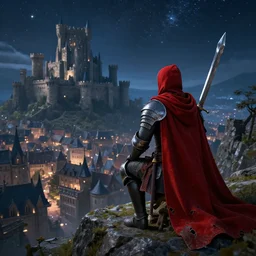 a knight with a torn red cape,with a claymore, on a mountain, gazing to a medieval city and big medieval castle, starry night, cinematic lighting + 3D octane render + 8K + HDR + Photographic + legendary scene + extremely detailed