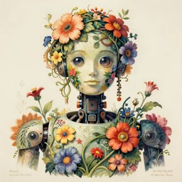 A colorful, detailed print - A portrait of a robot composed entirely of flowers and vines. by Arnold Bocklin and Barclay Shaw, masterful print. 4k, unreal engine stunning Art Nouveau