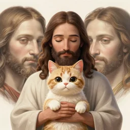 jesus holding a cute cat, symetrical faces, emotional, cute, powerful, digital art by leonardo da vinci