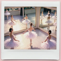 high angle view photograph 3 ballet girls prepairing to the show by the mirrows, swan lake, detailed, golden hour, Bleach bypass, pastel colors, digital 2D, soft lights, polaroid, High-key lighting, Charlie Bowater, James Jean, Kehinde Wiley, Shadi Ghadirian, Craig Wiley, Gerhard Richter
