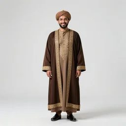 jovial sultan with turban, studio photography, full body, standing, isolated on a pure white background, centered, whole figure in frame, sharp focus, studio lighting