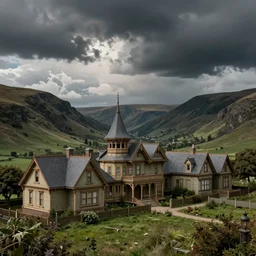 Old Victorian architecture in a Victorian valley, dramatic sky, digital art, 4k, 8k, trending on ArtStation