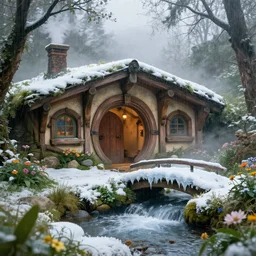 inside a medieval hobbit home, ornate, beautiful, mist, smoke, chimney, rain, waterfall, melting, snow, creek, lush, ice, bridge, forest, flowers, concept art illustration, color page, 4 k, tone mapping, magic realism, josephine wall, huang guangjian, viktoria gavrilenko, amanda sage, trending on artstation