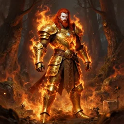 full body picture of male steampunk pyromancer, burning brass armor, ornamental, burly, white skin, long red hair, beard, high fantasy, burning forest background, highly detailed, detailed face, smooth, sharp focus, digital painting, by artgerm and greg rutkowski and alphonse mucha