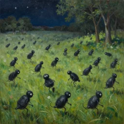 a gaggle of little black machine organisms swirled, windblown, across the grass under the trees and stars, oil painting by fabio napoleoni, brian despain