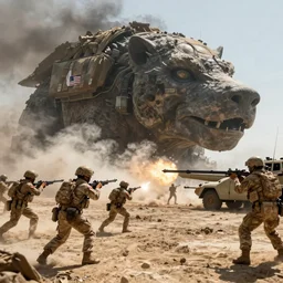 us marines fighting the giant of kandahar, highly detailed, photorealistic, cinematic lightining