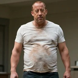 Vin Diesel with stainted clothes and a big tummy, staints on clothes, staints, big tummy, tummy, Vin Diesel with a tummy