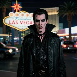 35mm kodak portra portrait of a darkwave vampire on the Las Vegas strip at night by tom bagshaw, cinematic, high detail, octane render, 8k highly professionally detailed, trending on artstation, CGsociety, HDR, concept art