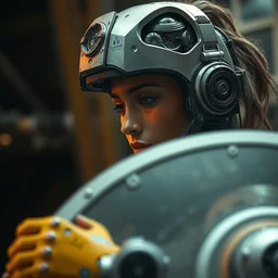 a rugged engineer zendaya girl with cybernetic enhancements working assembling a satellite, scifi character portrait by greg rutkowski, esuthio, craig mullins, 1 / 4 headshot, cinematic lighting, dystopian scifi gear, gloomy, profile picture, mechanical, half robot, implants, steampunk