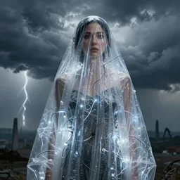 portrait of a woman, covered in transparent cloth, plastic, thunder clouds, flat background, Masterpiece, glowing, wires everywhere, by Edgar Maxence and Ross Tran, Zdzisław Beksiński, and Michael Whelan, distant, gustav dore, H.R. Giger, 8k, octane render