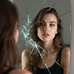 broken mirror reflecting a woman, beautiful, shattered, photo