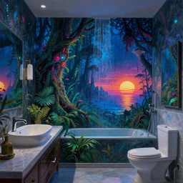 a beautiful ultradetailed painting of nature bathroom by alvaro siza ( alvaro siza vieira ), at night showers evil synthwave uv light junglepunk galactic lightpaint tundra hyperrealism rainforest reclaimed by nature sea morning sun at dusk nightvision nightsky infrared fantasy alien sunset assassin's creed, archdaily, wallpaper, highly detailed, trending on artstation.