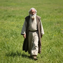 old prophet wandering about a meadow, midday. direct overhead sunlight. harsh shadows. aperture 1 6. iso 1 0 0