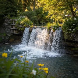 small waterfall in switzerland, beautiful river, and flowers, sigma 8 5 mm, golden hour, nature photography