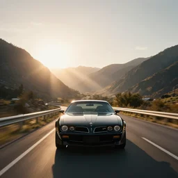 black pontiac firebird trans - am driving towards the camera, mountain, valley, sunrise, cinematic, motionblur, sunbeams, volumetric lighting, wide shot, low angle, artstation